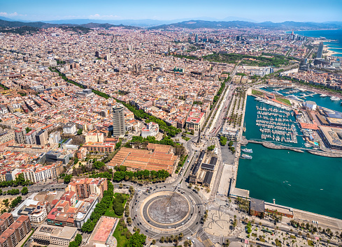 Scenic aerial view of Port Vell from the top of Columbus Monument and the rambles, Barcelona, Catalonia, Spain