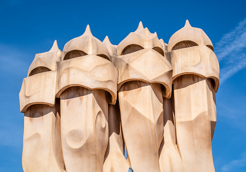 May 8, 2021 - Barcelona, Spain: Roof top picture from Casa Mila taken during the day