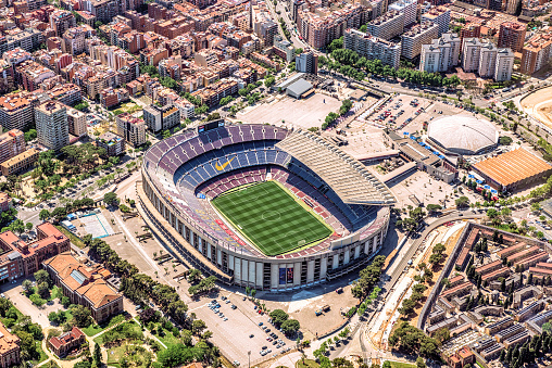 May 8, 2021 - Barcelona, Spain: Aerial view of Camp Nou,  the home stadium of famous FC Barcelona since its completion in 1957. With a seating capacity of 99,354, it is the largest stadium in Spain and Europe