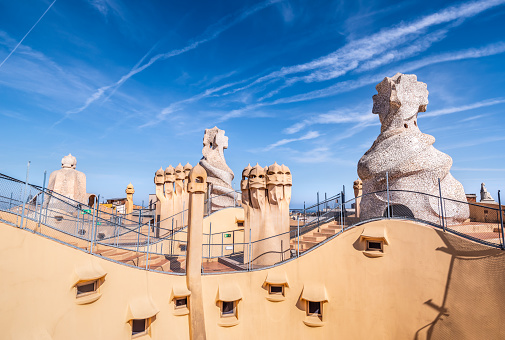 May 8, 2021 - Barcelona, Spain:  Roof of Casa Mila (La Pedrera) in Barcelona, Spain