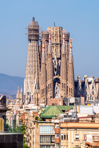 Church of La Sagrada Familia from Antoni Gaudi at golden hour. Barcelona. Spain