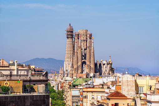 Church of La Sagrada Familia from Antoni Gaudi at golden hour. Barcelona. Spain
