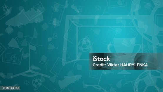 istock Abstract background with soccer elements for championship. Cup, goal, ball, football boots, flag on a blue background. Template 2021. Vector 1320144182