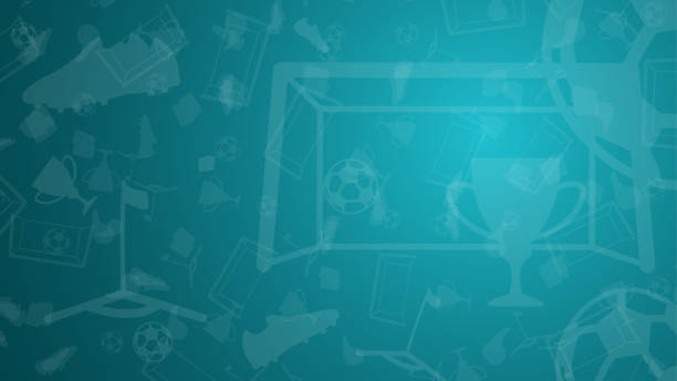 Abstract background with soccer elements for championship. Cup, goal, ball, football boots, flag on a blue background. Template 2021. Vector Background with soccer elements for championship. Cup, goal, ball, football boots, flag on a blue background. Template 2021. Vector world cup stock illustrations