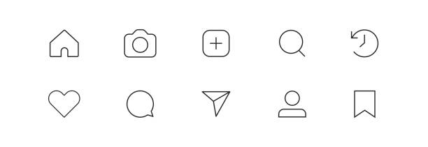 illustrations, cliparts, dessins animés et icônes de icône définie par les médias sociaux pour l’application. bouton comme commentaire et photo. vecteur pour le web - interface icons push button downloading symbol