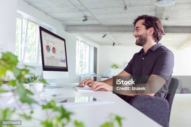 Man Working In The Office Stock Photo - Download Image Now - Computer Monitor, Cheerful, Computer