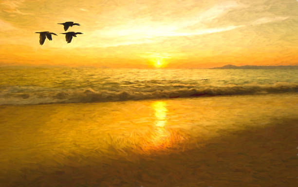 istock Sunset Ocean Birds Painting 1320150665