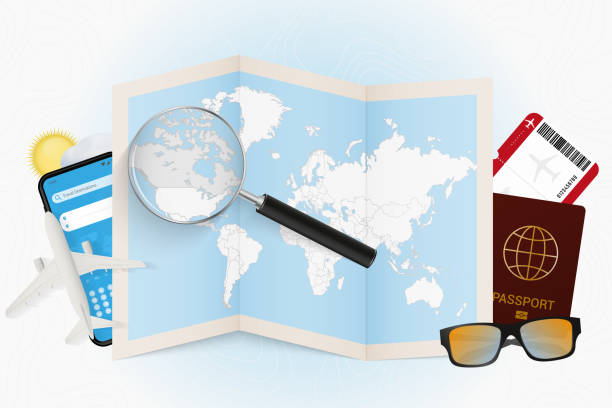 istock Travel destination Canada, tourism mockup with travel equipment and world map with magnifying glass on a Canada. 1320151325