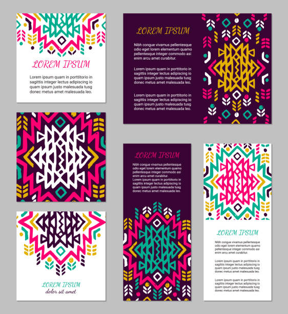 Tribal ornament cards Aztec colorful hand-drawn ornamental card template. American Indian leaflet design. Tribal decorative pattern. Ethnic ornate background. Vintage style flyer. EPS 10 vector brochure set. apache culture stock illustrations