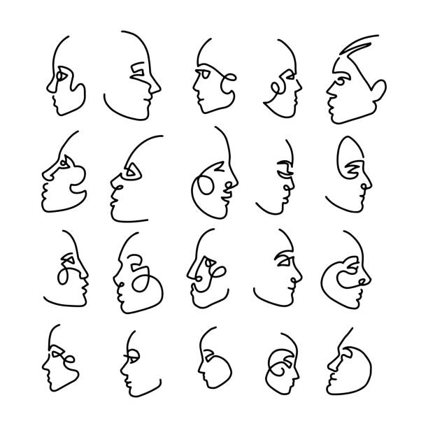 ilustrações de stock, clip art, desenhos animados e ícones de continuous line head prifile drawing collection . set of faces silhouettes. abstract portrait. girls one line illustration. fashion concept, woman beauty minimalist. trendy vector hand drawn style. - portrait human face human head people