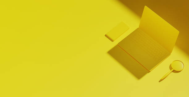 istock Yellow laptop technology finding Concept. Background Landing main page. copy space. 3d Illustration. 1320155375