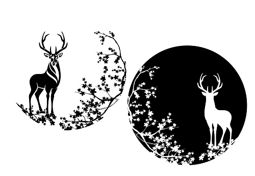 wild deer stag standing among sakura blossom branches - elegant animal wildlife black and white vector circle design set