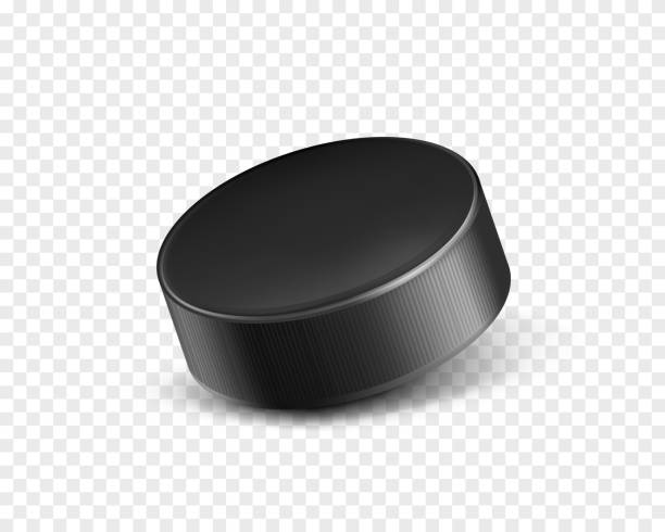 Black rubber puck for play ice hockey Vector 3d realistic black rubber puck closeup for play ice hockey isolated on transparent background. Sport equipment, inventory or hard round disk for team game on skating rink, competition. hockey puck stock illustrations