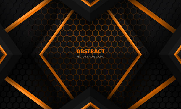 illustrations, cliparts, dessins animés et icônes de bannière abstraite futuriste de jeu noir et orange avec la grille hexagonale de fibre de carbone et les triangles noirs. - backgrounds carbon fiber black