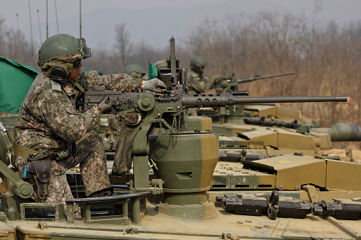May 26, 2021-Yangpyeong-In this pictures taken date is Feb 11, 2015. South Korean Military Army tanks take on livefire drill near Yongmoonsan mountain in Yangpyeong, South Korea.