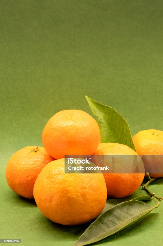 Mandarins on a green background. Color Image Stock Photo