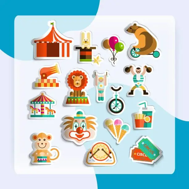 Vector illustration of Circus entertainment paper stickers set with tickets lion icecream isolated vector
