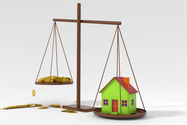 istock 3D illustration. Scales with money and house 1320168180