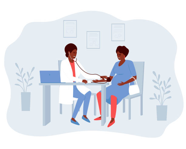 African American obstetrician doctor measures the blood pressure of a pregnant patient African American obstetrician doctor measures the blood pressure of a pregnant patient. Another trip to the gynecological office of an African American pregnant woman. Flat vector illustration. doctors office stock illustrations