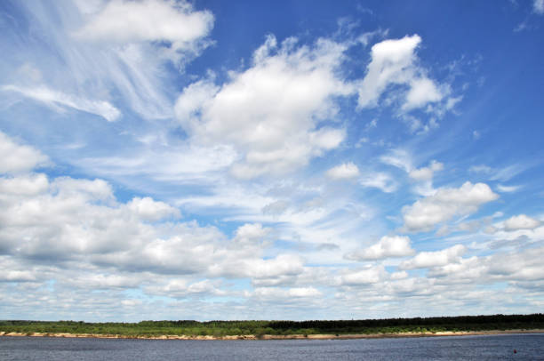 Beautiful clouds in the blue sky over the river in the Komi Republic