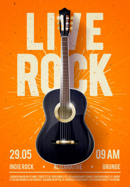 illustrazioni stock, clip art, cartoni animati e icone di tendenza di illustrazione vettoriale bellissimo live classico rock musica poster modello. per la promozione di concerti in club, bar, pub e luoghi pubblici. music themed wall art con scritte fresche e chitarra classica - white background brown wood old fashioned