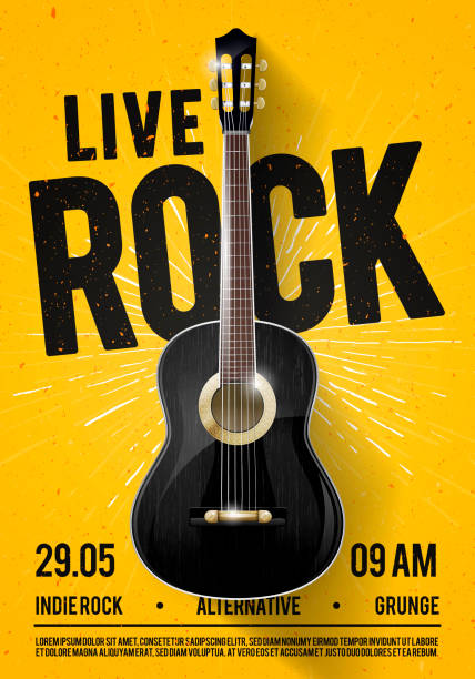 illustrazioni stock, clip art, cartoni animati e icone di tendenza di illustrazione vettoriale bellissimo live classico rock musica poster modello. per la promozione di concerti in club, bar, pub e luoghi pubblici. music themed wall art con scritte fresche e chitarra classica - popular music concert crowd backgrounds music