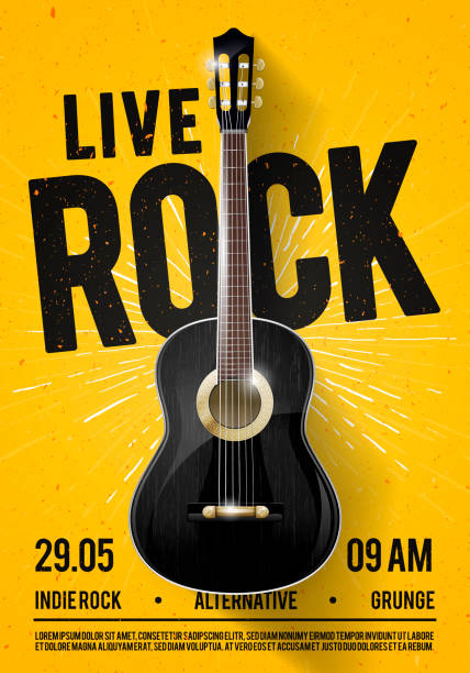 ilustrações de stock, clip art, desenhos animados e ícones de vector illustration beautiful live classic rock music poster template. for concert promotion in clubs, bars, pubs and public places. music themed wall art with cool lettering and classical guitar - classic rock