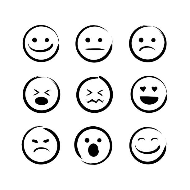 vector illustration set of hand drawn emojis faces. Doodle emoticons, ink brush icon on a white background. vector illustration set of hand drawn emojis faces. Doodle emoticons, ink brush icon on a white background. smiley face drawing stock illustrations