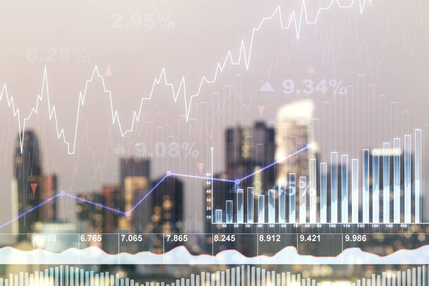istock Multi exposure of virtual creative financial chart hologram on blurry cityscape background, research and analytics concept 1320171547
