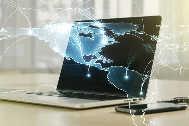 istock Double exposure of abstract digital world map with connections on computer background, big data and blockchain concept 1320171548
