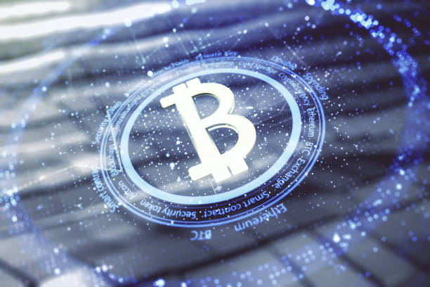 istock Double exposure of creative Bitcoin symbol hologram on blurry metal background. Cryptocurrency concept 1320171561