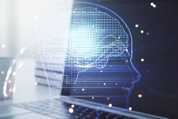 istock Double exposure of creative artificial Intelligence symbol with modern laptop on background. Neural networks and machine learning concept 1320171637