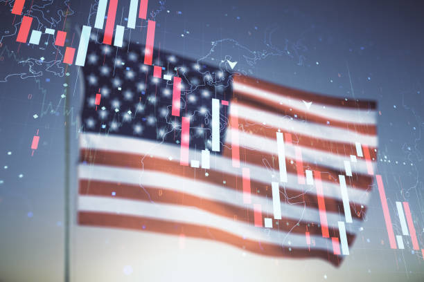 istock Abstract virtual crisis chart illustration on USA flag and sunset sky background. Global crisis and bankruptcy concept. Multiexposure 1320171665