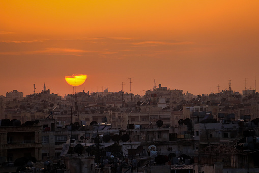 Sunset in the Old destroyed city of Aleppo in Syria in October 2020 after ISIS was defeated