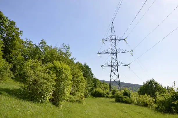Transmission tower of high voltage overhead power lines in the middle of forest with green meadow and trees, visual pollution, in Croatia