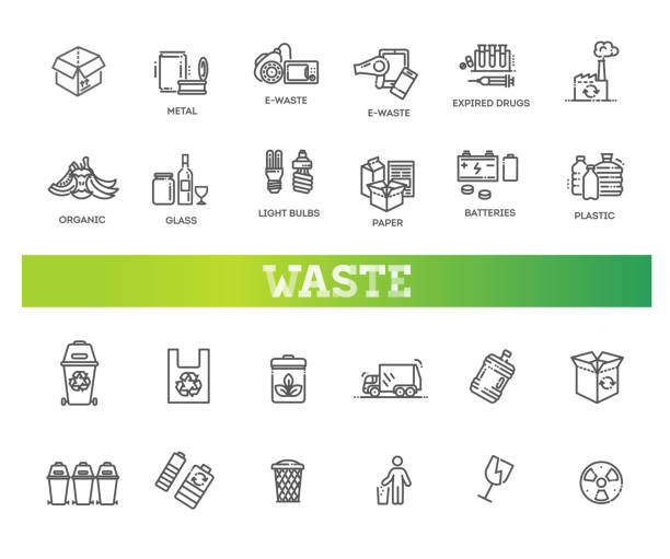 ilustraciones, imágenes clip art, dibujos animados e iconos de stock de conjunto de iconos de línea vectorial de elementos no utilizados. conjunto de iconos de basura - toxic waste illustrations