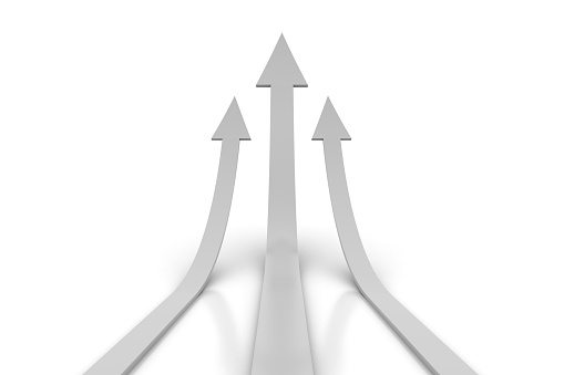Three rising 3d arrows on white background. Business finance background