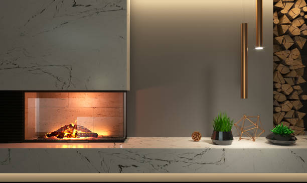 istock Modern glass corner fireplace wall in the interior 1320176254