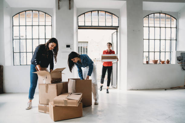 Three colleagues are moving into their new office Three colleagues are moving into their new office. Young adult women. They are holding cardboard boxes and moving to a new office or home. Modern loft. company relocation stock pictures, royalty-free photos & images