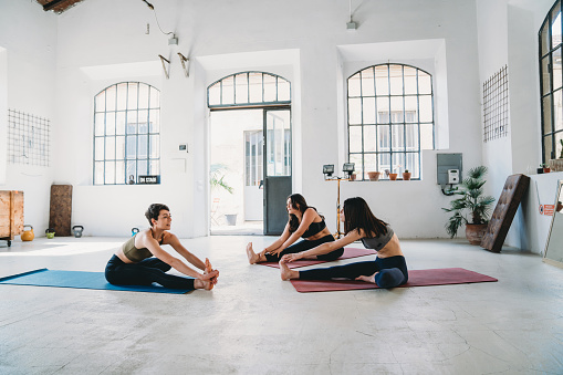 Three young adult women doing a yoga class in a bohémien loft gym. Pashimottanasana or Seated forward bend pose. Warm up exercise.