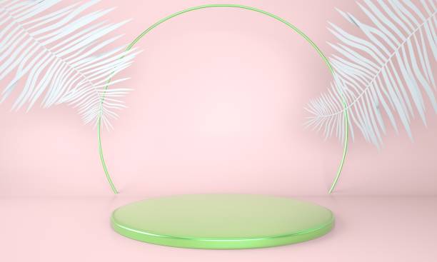 istock Product display podium decorated with leaves on pastel background, 3d illustration 1320177798