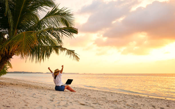 istock Rear view of young female freelancer in straw hat celebrating success. while working remotely on the tropical sandy beach at sunset 1320177856