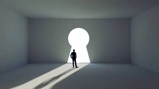 Digitally generated image of man in front of a gigant key hole in a wall. He looks at the hole and has to chose the way to success.  Concept of chosing the right path.
