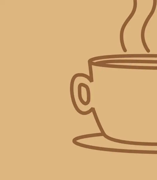 Vector illustration of Isolated cup of coffee drawn with brown stroke on a light brown background. Hand drawn cartoon style vector illustration.