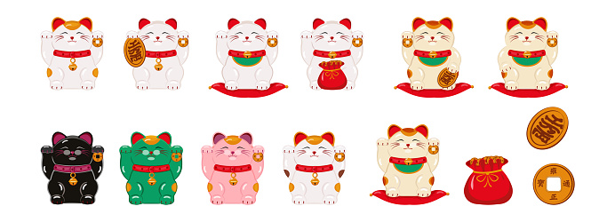 Japanese cat maneki - neko for good luck, money, well-being with raised paws. Asian figurines for a successful business. Cartoon vector illustration of feng shui figurines.