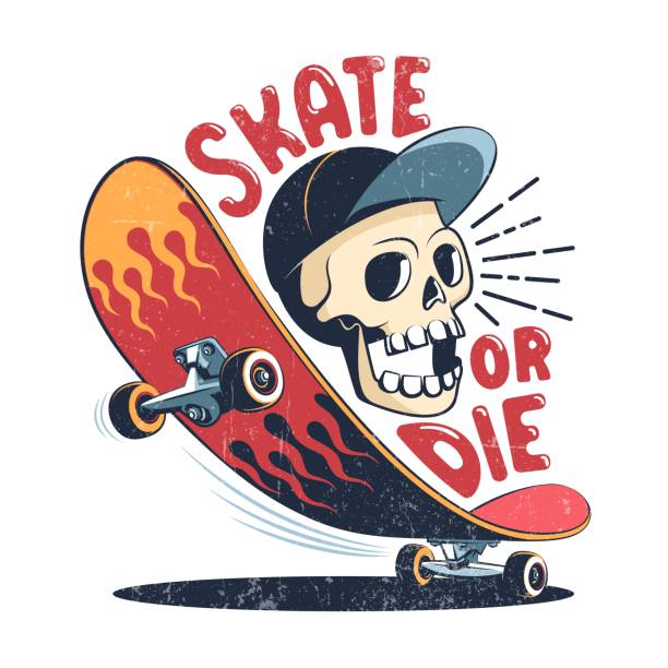 Skate or die retro logo Skate retro logo with funny skull in cap. Skater t-shirt print with skateboard. Vector illustration. skateboarding stock illustrations