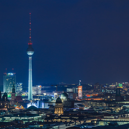 Nightly view of the city center of Berlin with TV Tower, Cathedral and Red Town Hall.