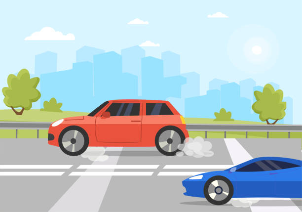 ilustraciones, imágenes clip art, dibujos animados e iconos de stock de tráfico en la carretera, coche deportivo adelantando coche - rebasar