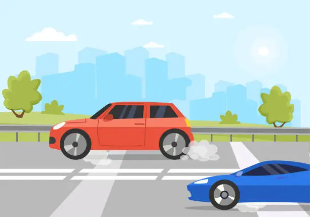 Vector illustration of Traffic on the highway, sport car overtaking car