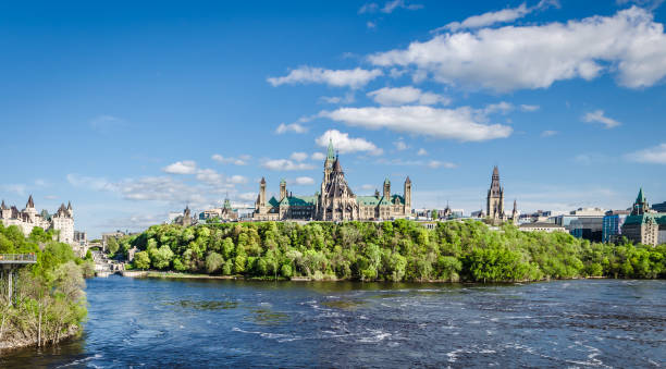 Parliament Hill in Ottawa, Canada View from the Ottawa River to Parliament Hill with the historic Parliament Building in the Canadian capital Ottawa. ottawa river stock pictures, royalty-free photos & images